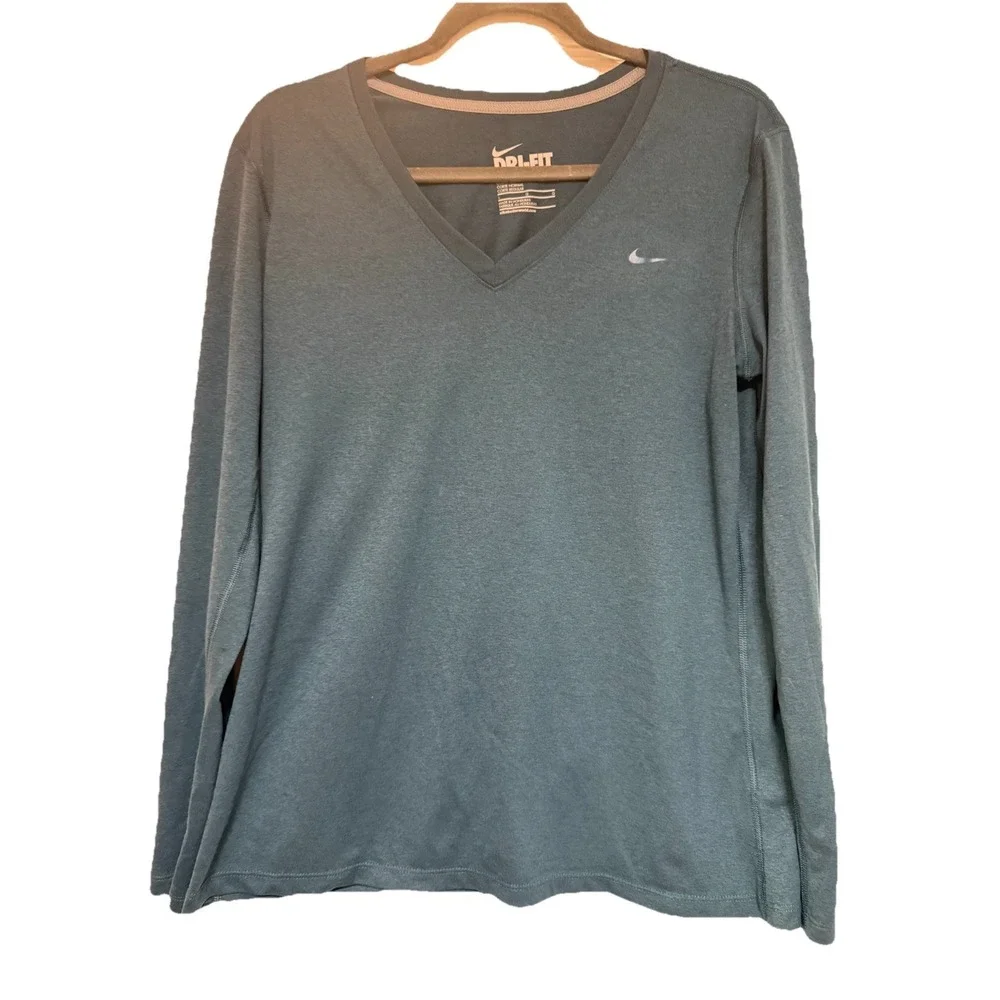 Nike Dri-Fit Womens Long Sleeve V-Neck Athletic Shirt Heather Teal Blue Gray L